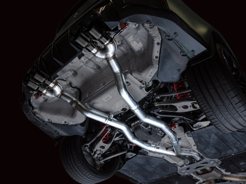 BMW M4 Performance Exhaust - AWE Tuning - Track Edition Cat-Back with quad 4.5-inch double-walled slash-cut tips; dual 3-inch configuration with X-pipe; valve simulators included - Diamond Black - `21-`27